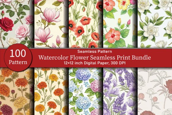 Watercolor Flower Seamless Print Bundle